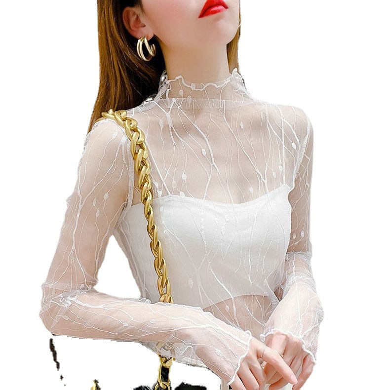 エレガントなレース Tシャツ女性のためのメッシュ長袖トップスホットセクシーな透明ハイネックブラックレース底シャツパンク Tシャツトップス