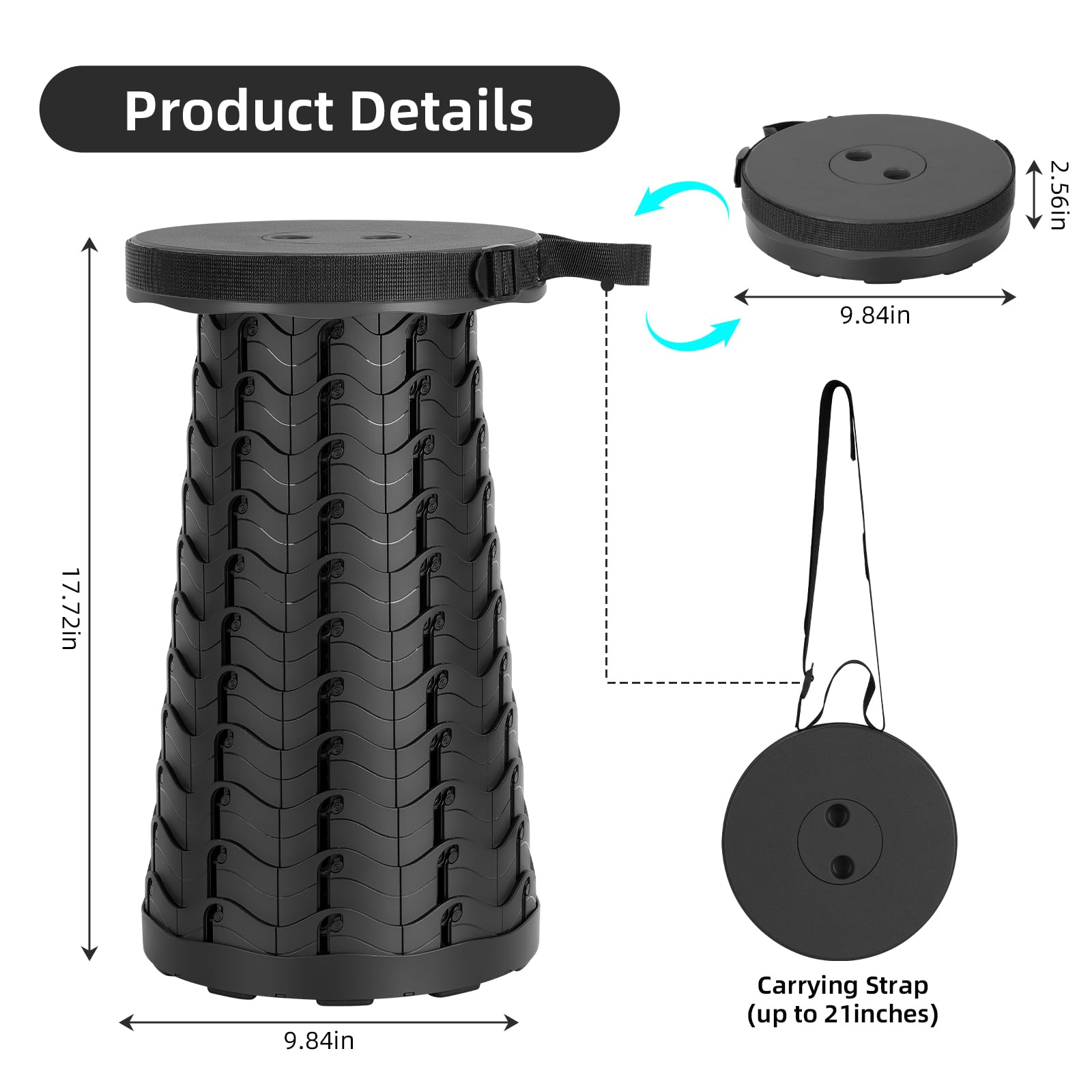 Práctico taburete telescópico plegable con altura ajustable y asa, adecuado para pesca al aire libre, Camping, Picnic y viajes