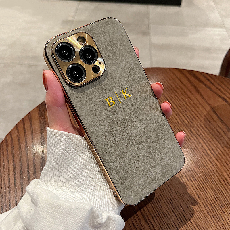 Funda de cuero personalizada con nombre para Iphone 11 12 13 14 15 16 Pro Max, marco chapado, funda con iniciales de piel de cordero 16 11 15Pro