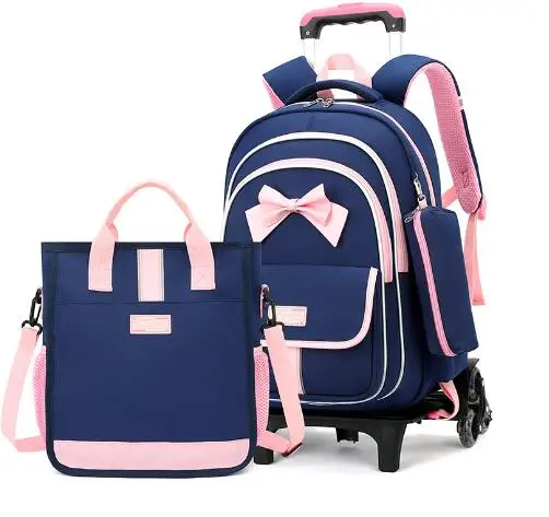 Mochila escolar com rodinhas para meninas, mochila escolar com rodas, bagagem de viagem com bolsa para crianças pequenas