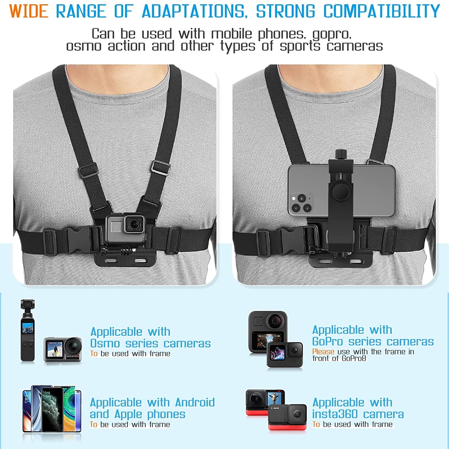 Sangle de poitrine pour téléphone, ceinture de montage pour Iphone 14, support pour Smartphone Mobile GoPro Hero 13 12 11 10 9 DJI Action Camera, prise de vue en direct