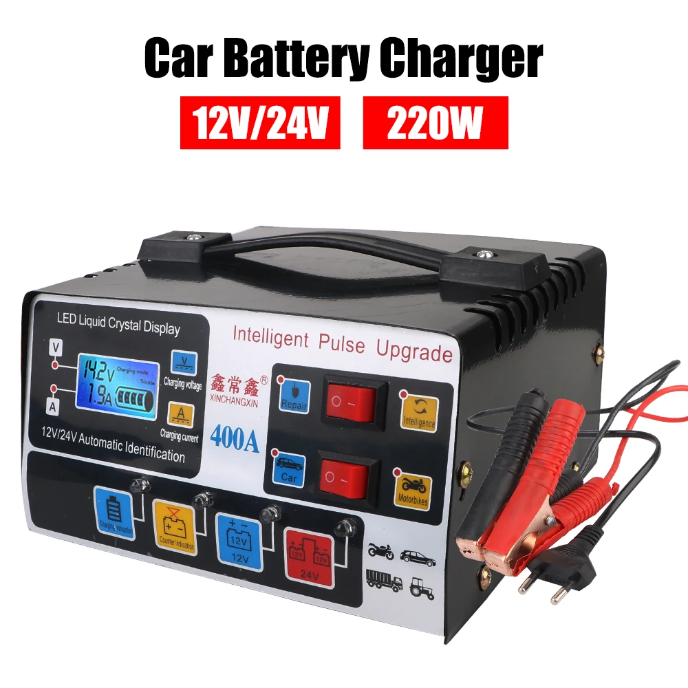 Voor Suv Vrachtwagen Boot Motorfiets Eu Plug Volautomatische 12V/24V 220W Auto Acculader Puls Reparatie High Power Lcd-Display