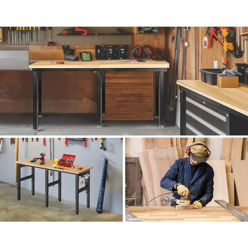 72” Adjustable Height Workbench, 5000 LBS Heavy Duty Table Rubber Wood Workstation with Power Outlet & Pegboard for Garage, Offi