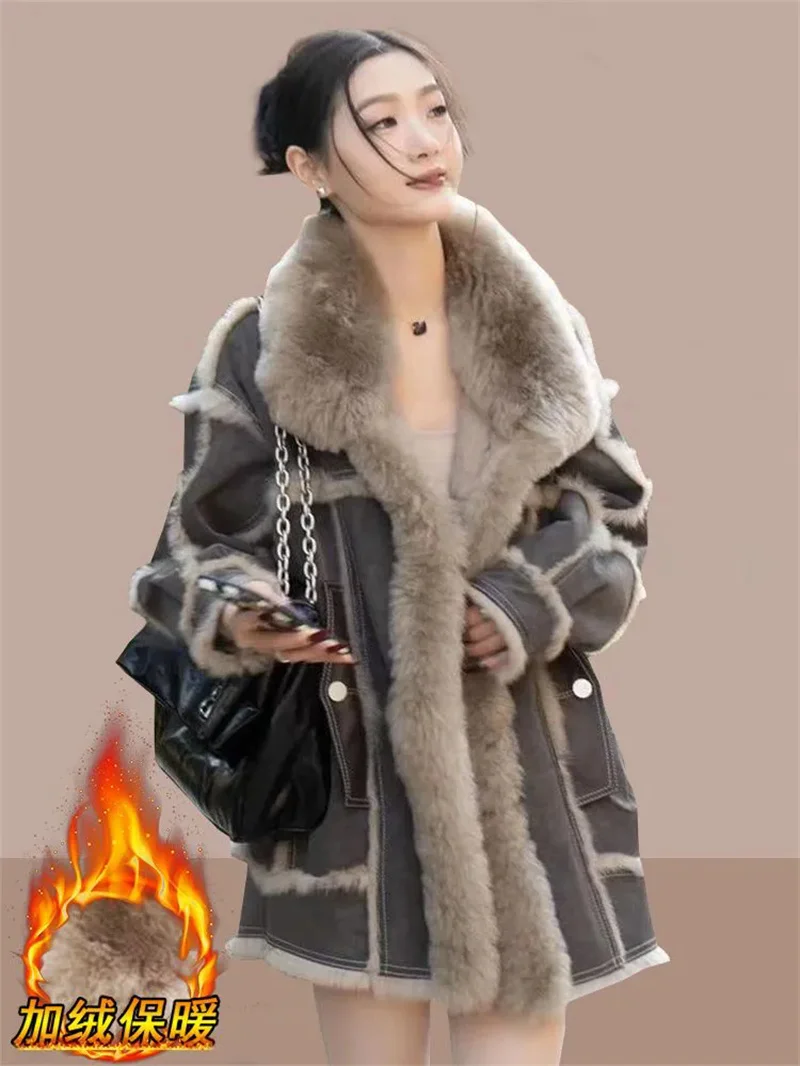2024 inverno feminino novo engrossado moda pele do falso integrado jaqueta curta feminina estilo ocidental high-end jaqueta de algodão quente
