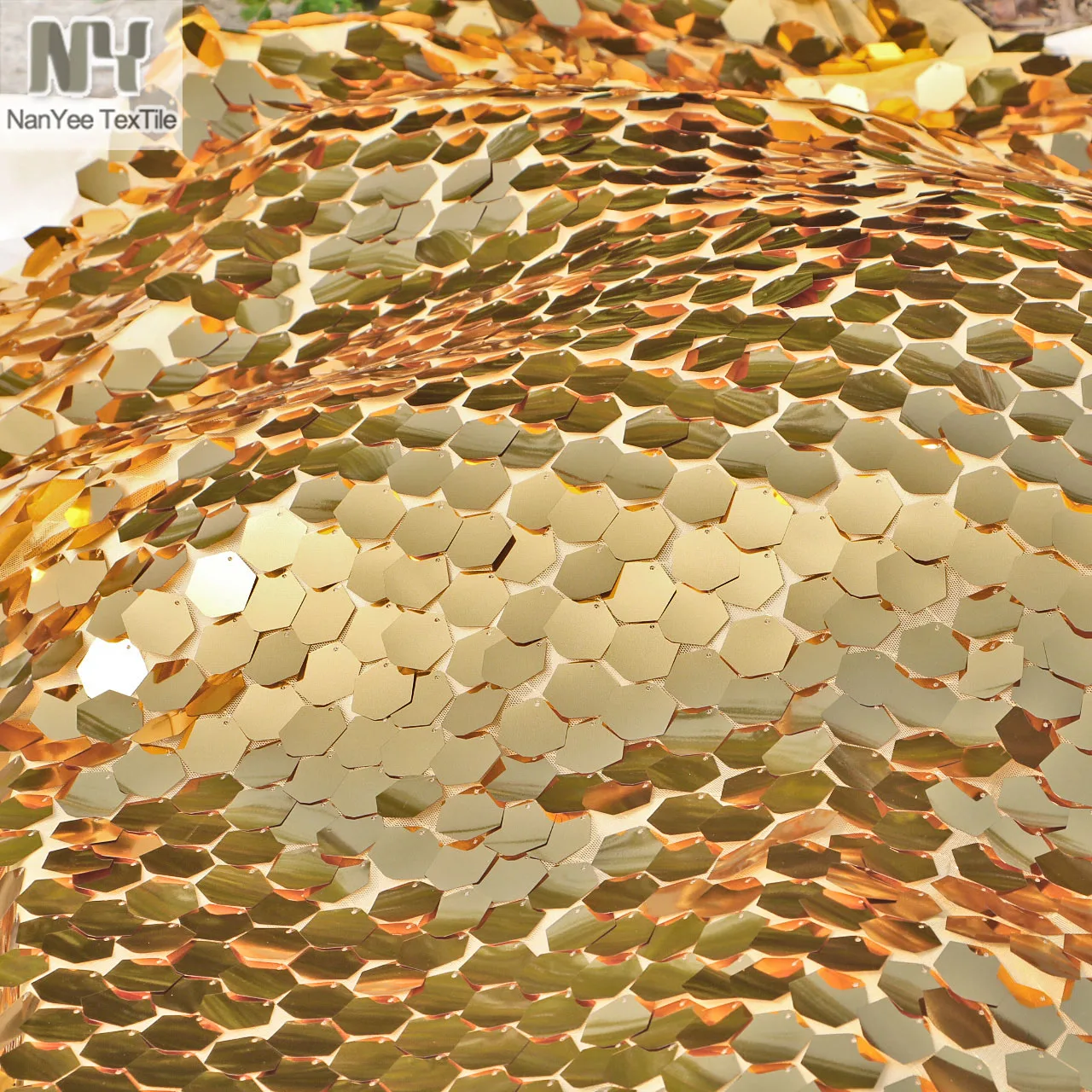 New Arrival Big Large Reflective Silver Gold Hexagon Shape Speical Embroidery Sequin Netting Fabrics Paillette On Polyester Mesh