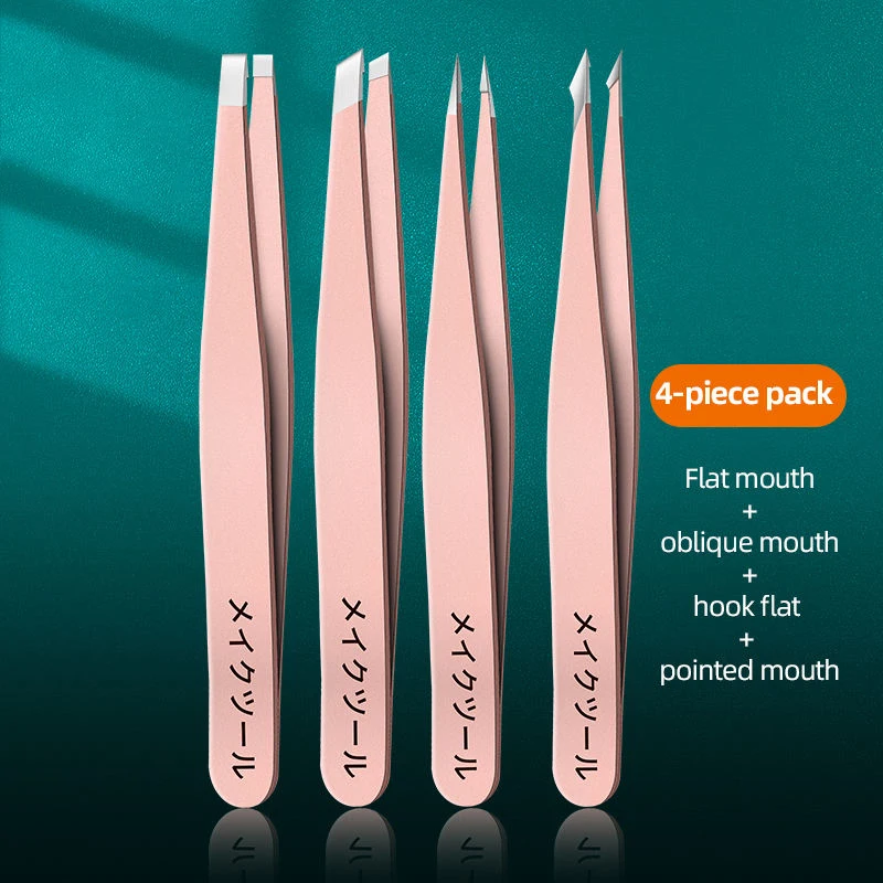 แหนบคิ้วชุด 4 ชิ้นโลโก้ที่กําหนดเองเอียงชี้แบนตัดแหนบขนตา Applicator สแตนเลส