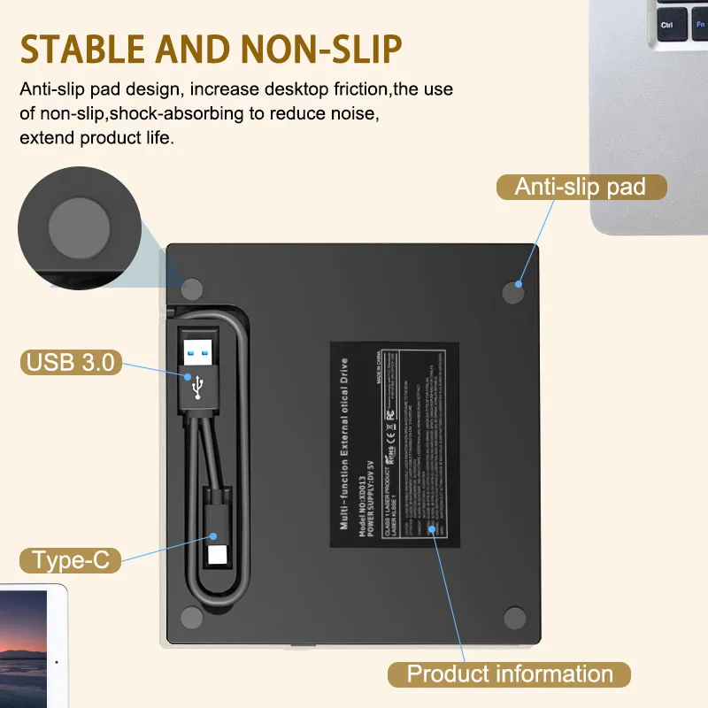 7-in-1 USB 3.0 Type C External CD DVD RW Optical Drive DVD Player Burner Reader Multi-Function Drive For Windows Mac PC Laptop