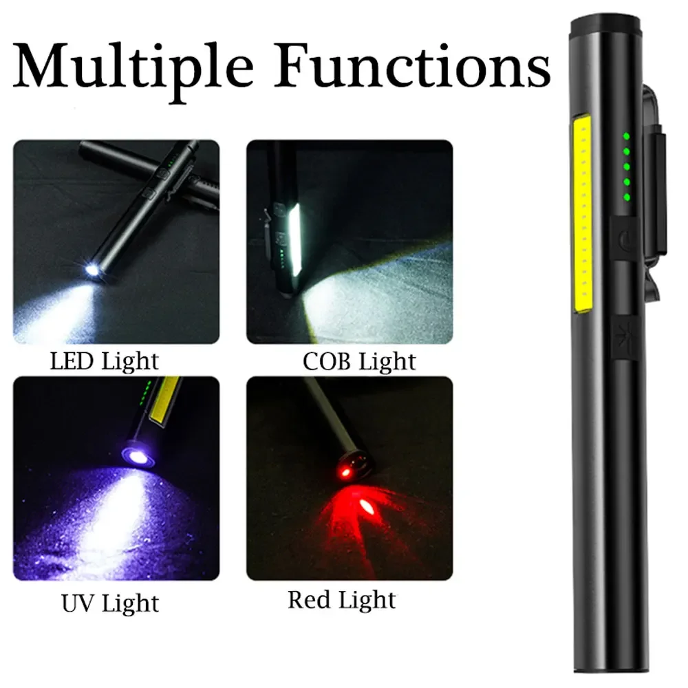 Multifunktionale 4-in-1-LED-Taschenlampe, Mini-USB, wiederaufladbar, 800 mAh, Stiftclip-Taschenlampe, 365 nm, UV-Licht, COB, Camping, Arbeit, Reparatur