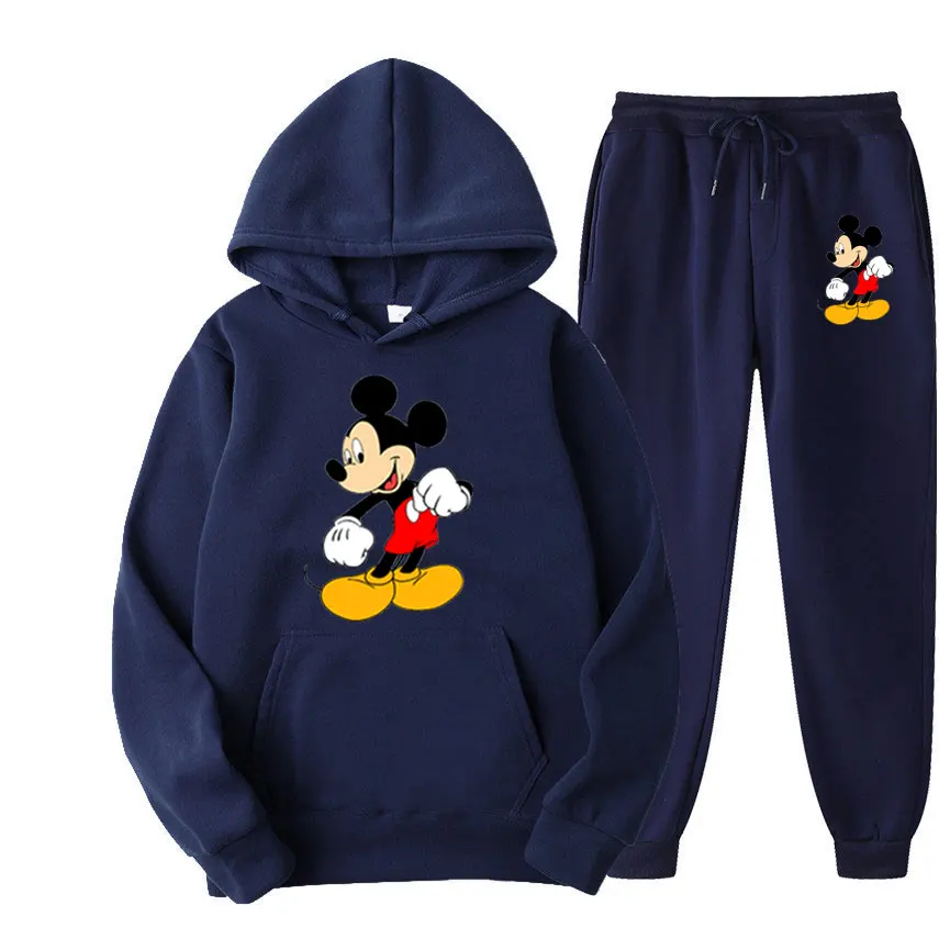 Mickey mouse dos desenhos animados anime feminino moletom moletom conjunto nova moda masculina pulôver calças terno outono casal moletom com capuz conjuntos de calças