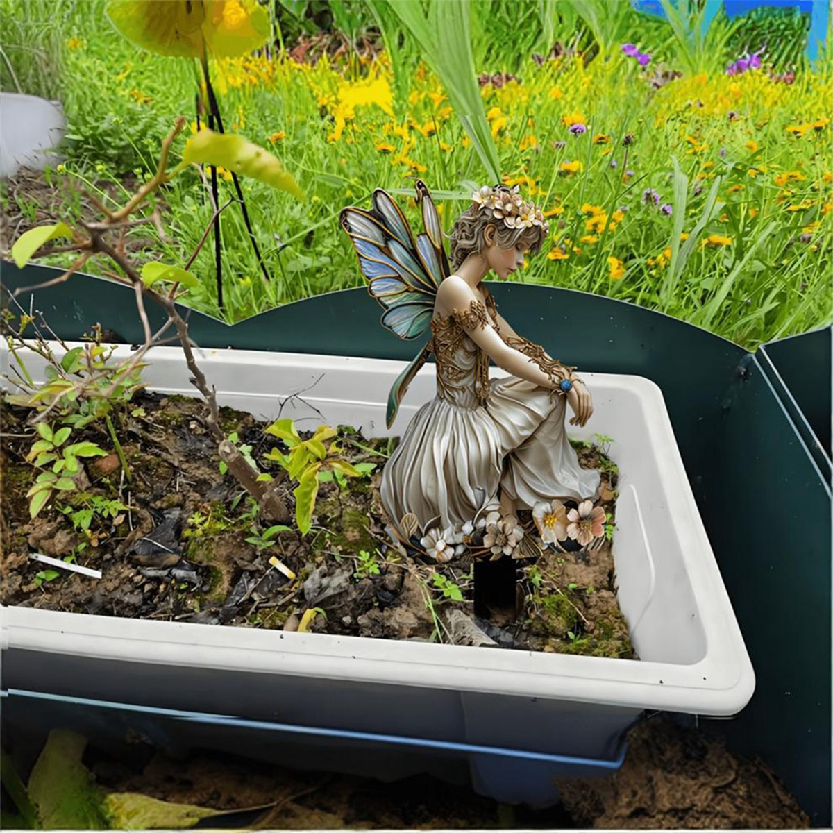 A72P おとぎ話の蝶の花の妖精アクリル植木鉢スタンド中庭の庭の装飾アースプラグ