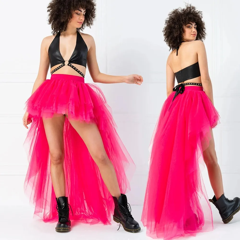 MisShow Hi-Lo Tüll Petticoat Damen Langer Vierlagiger Puffy Rock Fuchsia Tutu Röcke Erwachsene Junpon Goth Für Party Cocktail
