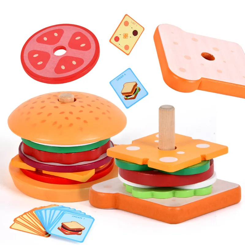 ไม้ฮัมบูร์กแซนวิชซ้อนของเล่นสําหรับเด็กวัยหัดเดินและเด็ก Montessori ของเล่นเพื่อการศึกษาก่อนวัยเรียน Fine Motor Skill ของเล่นครัว