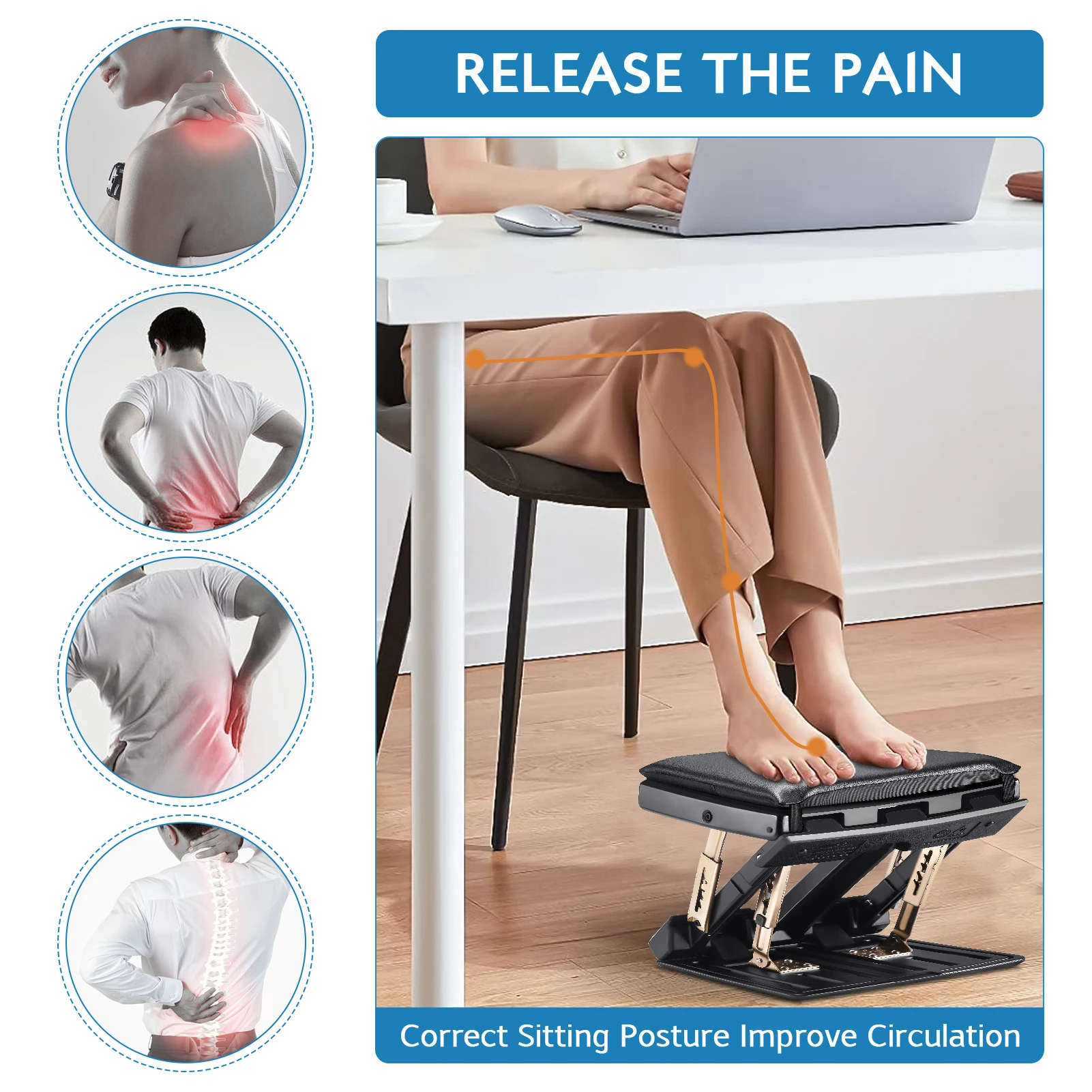 Folding Footrest With 4 Adjustable Heights & 3 Adjustable Angle Of Inclination Non-slip Foot Stool With Massage Function