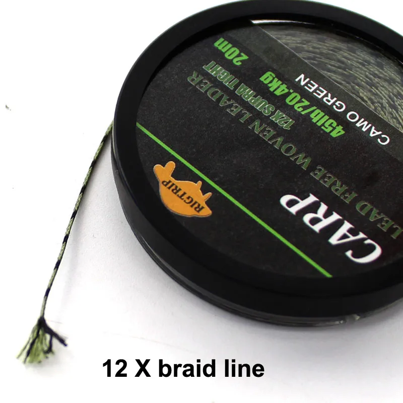 Línea de pesca de carpa de 20m, línea líder de carpa trenzada sin núcleo de plomo, línea principal verde de camuflaje Leadcore para aparejo de carpa, aparejo de helicóptero Chod