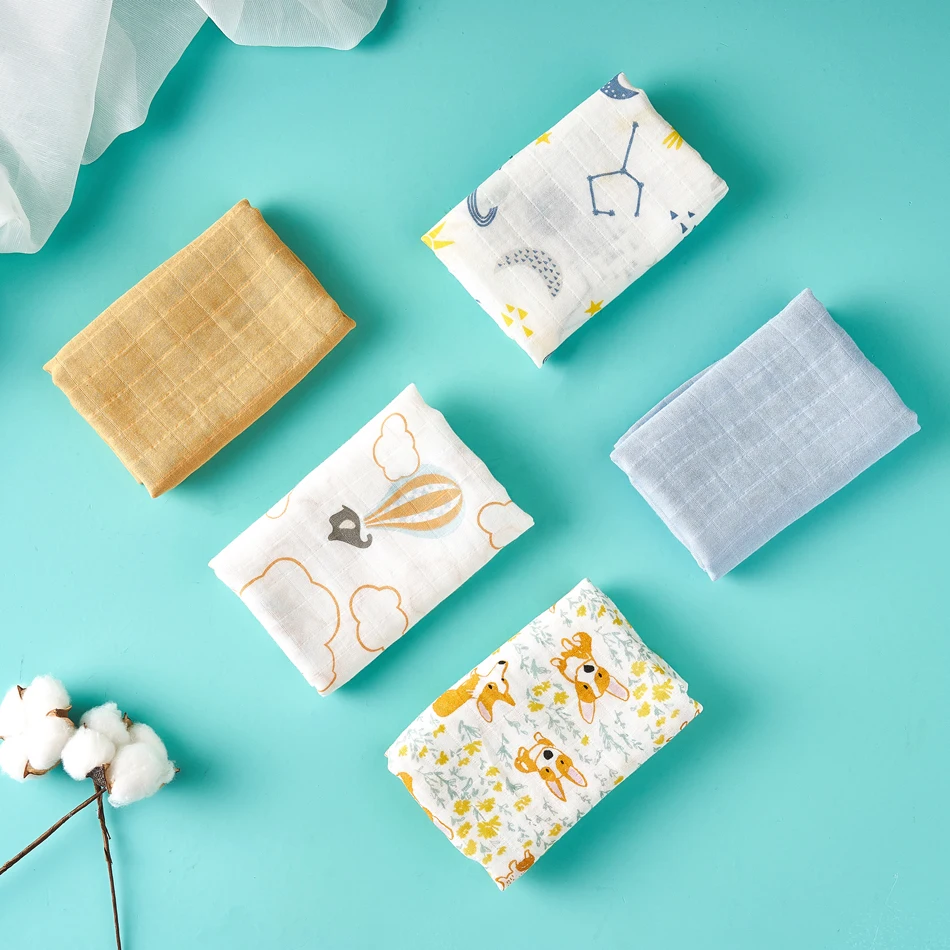 Elinfant 5 pièces coffret cadeau bambou coton mousseline bavoir rot tissu 100% coton 60*60 cm 2 couches bébé écharpe mouchoir