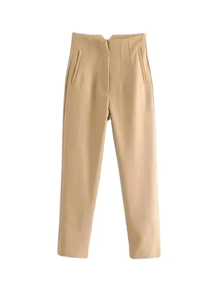 Calças sólidas de cintura alta para mulheres casuais calças de tornozelo básico com bolsos zíper voar calças de escritório pantalones mujer