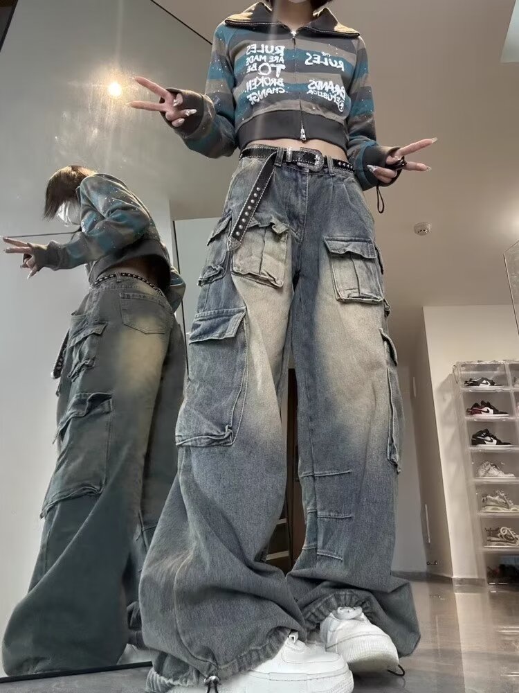 Multi-Pocket Design Streetwearกางเกงผู้หญิงฤดูใบไม้ร่วงฤดูหนาวขากว้างอินเทรนด์Nicheล้างทําความสะอาดได้กางเกงยีนส์ขนาดใหญ่ผู้หญิงY2k Baggy
