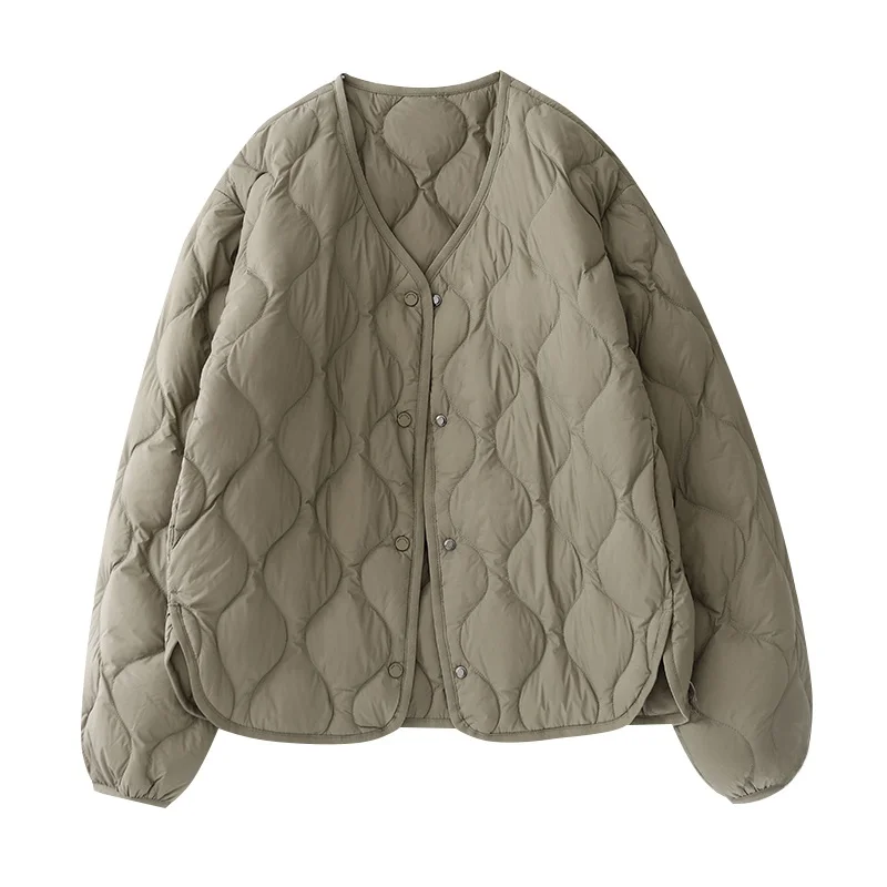 Jaqueta de Aodão Leve e Acolchoada Moda Fena Curta Solta Casual com Gola Redonda Casaco Quente para Outono e Inverno