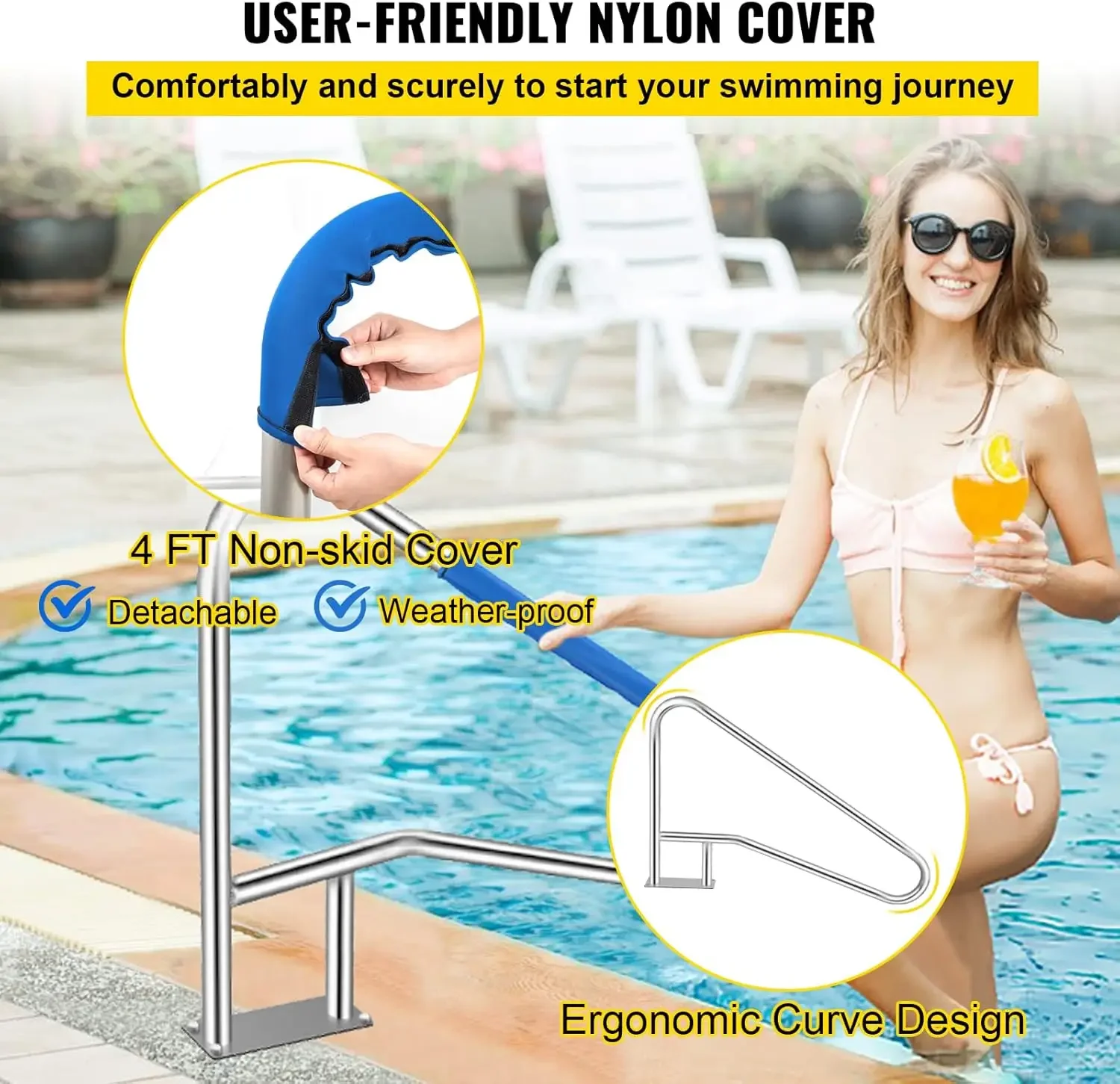 Pool Rail 55x32 Pool Railing 304 Stainless Steel 250LBS Load Capacity Silver Rustproof Pool Handrail Humanized Swimming
