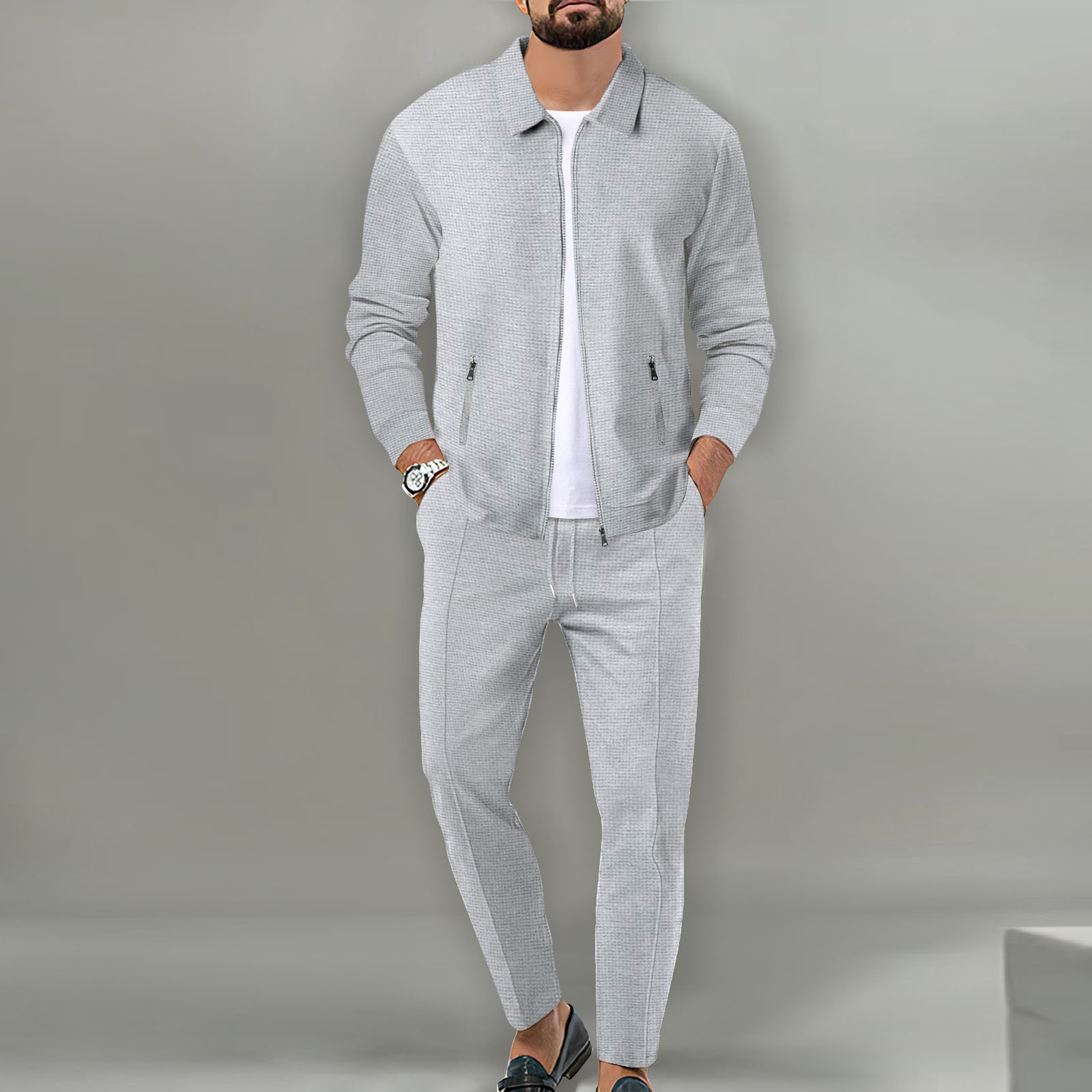 Conjunto de chaqueta tipo gofre para hombre, chaqueta con cremallera y solapa de Color sólido, pantalones informales y cómodos, superventas, primavera y otoño