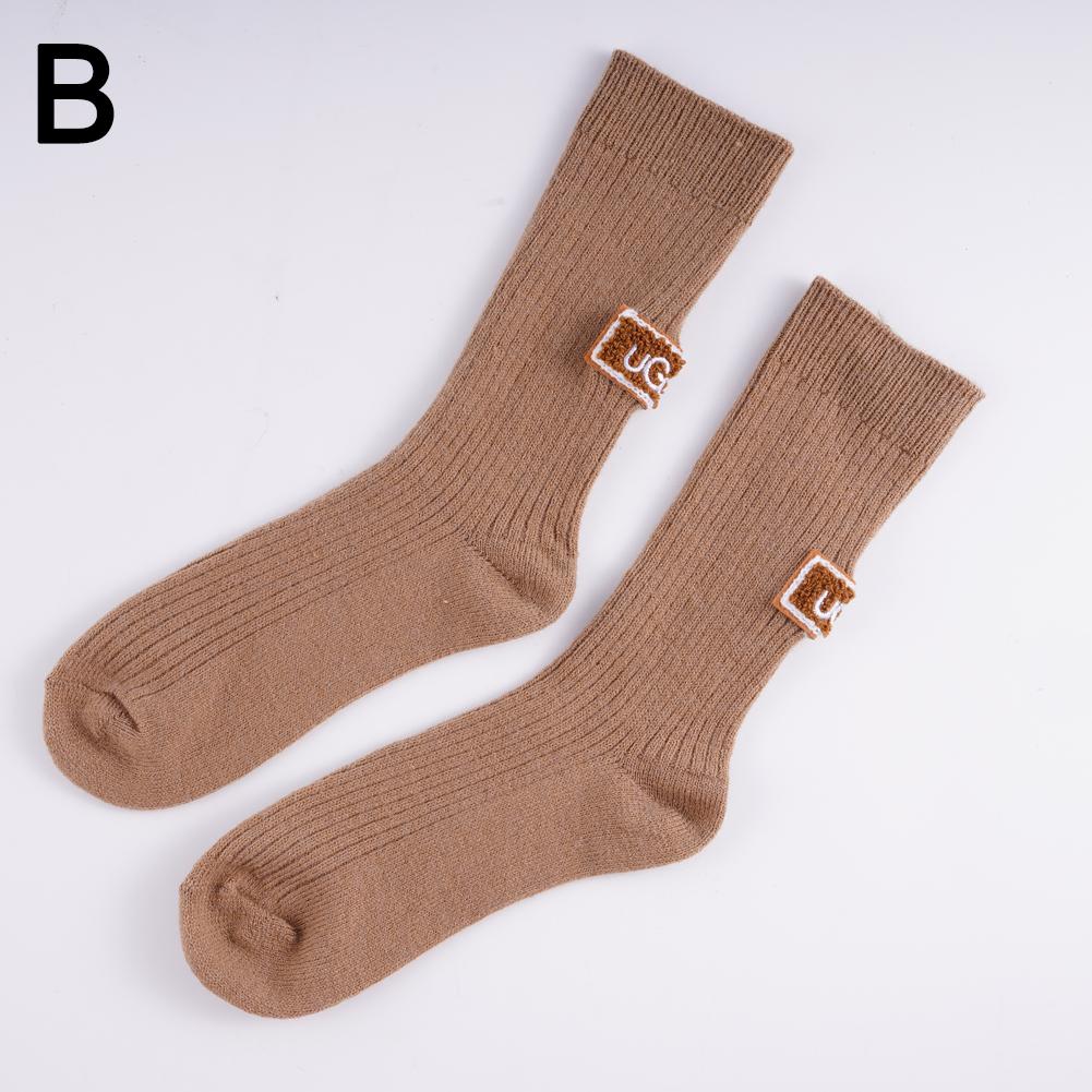 1 Pair Cozy Winter Mid-Calf Cotton Socks With Embroidered Logo - Warm Velvet Thickened Pile, Multicolored - Brown Casual Socks