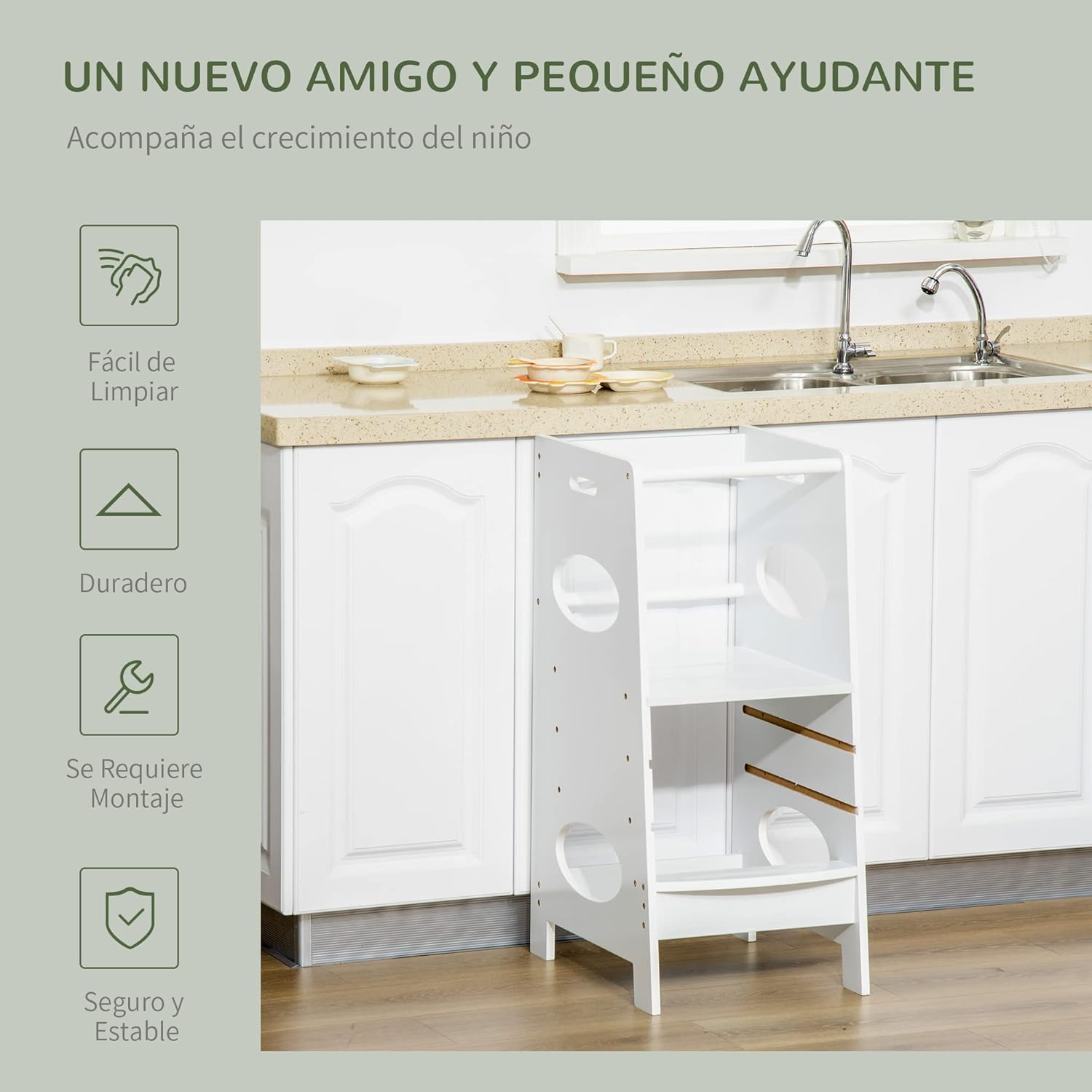Torre de Aprendizaje de Madera para Niños Taburete de Cocina Infantil con Pedal Altura Ajustable en 3 Posiciones y Barra