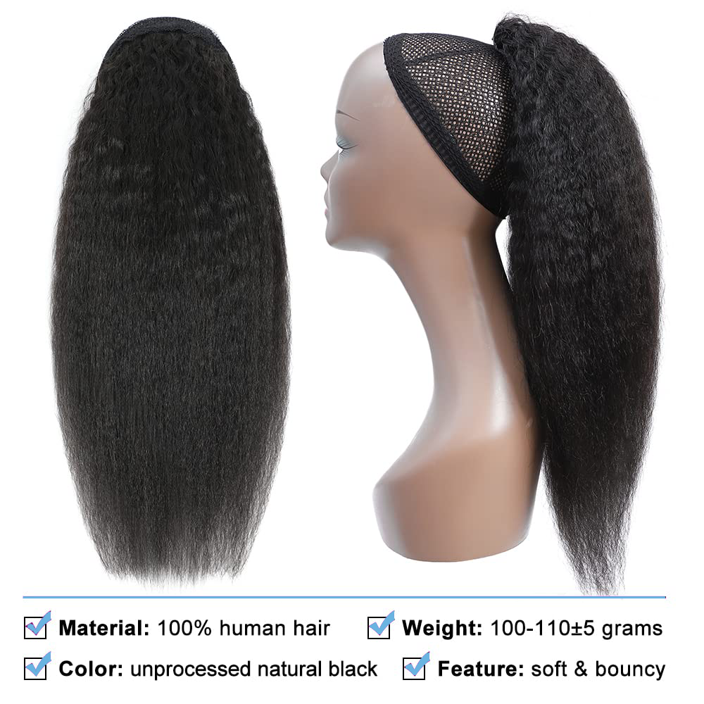 Extension de cheveux humains Kinky Straight Ponytail pour femme, 100% vrais cheveux, Wstring de proximité rond, noir naturel, 1b, 100g