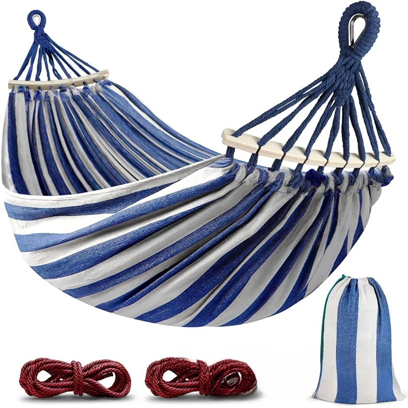 Amaca in tela antirotolamento doppia da campeggio con pali in legno curvi letto altalena da esterno per due persone