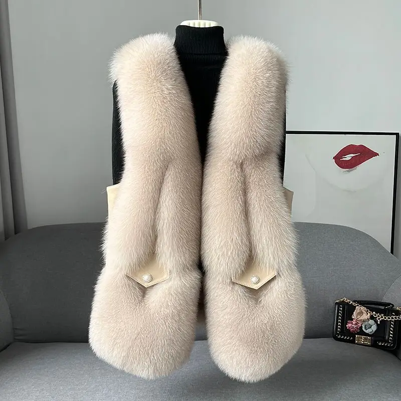 2023 neue Fuchs pelz Gras weste Damen mittellanges Leder und Fell einteiliger echter Woll-Tanktop