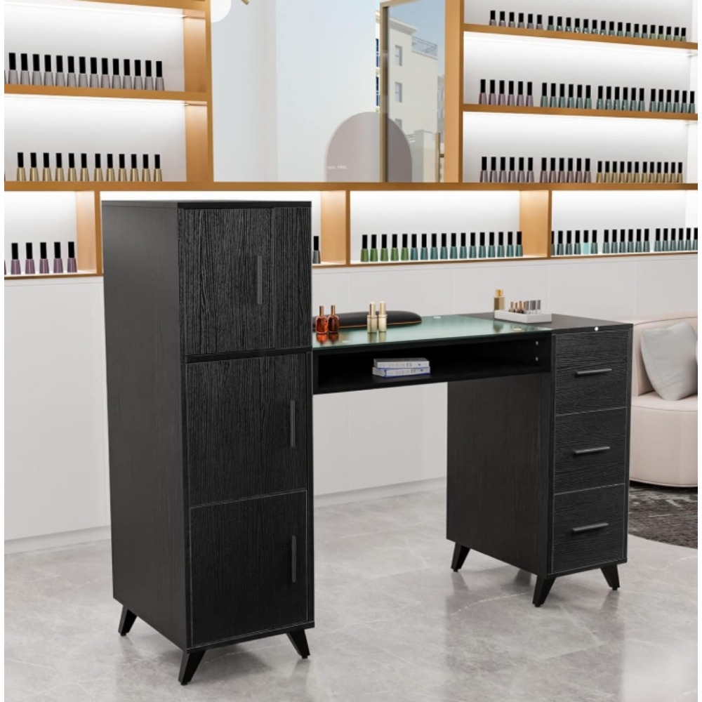 Manicure Table Nail Desk for Nail Tech w/Glass Top & Wrist Rest, Beauty Salon Nail Supplies Decor Workstation Acetone Resistant