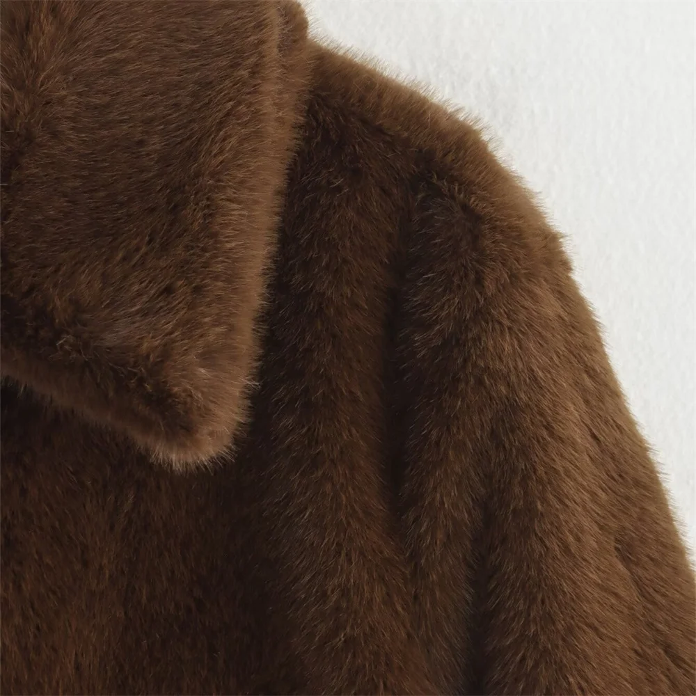 Loose lapel button embellished brown long sleeved jacket for women's autumn and winter collection