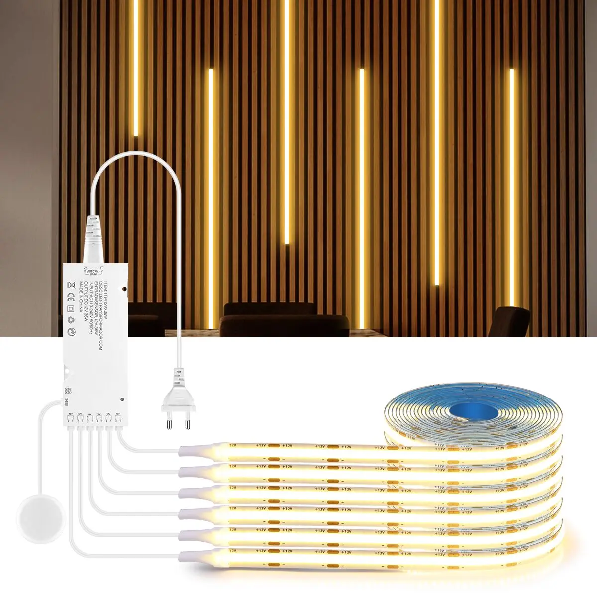 Tablero acústico LED, tira de luz COB decorativa, lámpara de fondo de pared regulable táctil, estante de exposición debajo del gabinete, luz nocturna del dormitorio