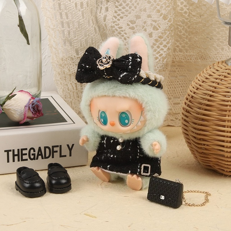 Dla 17cm Labubu Idol Doll luksusowe ubrania strój czarny zestaw sukienek Labubu V1V2 Mini DIY lalka odzież torba akcesoria do butów