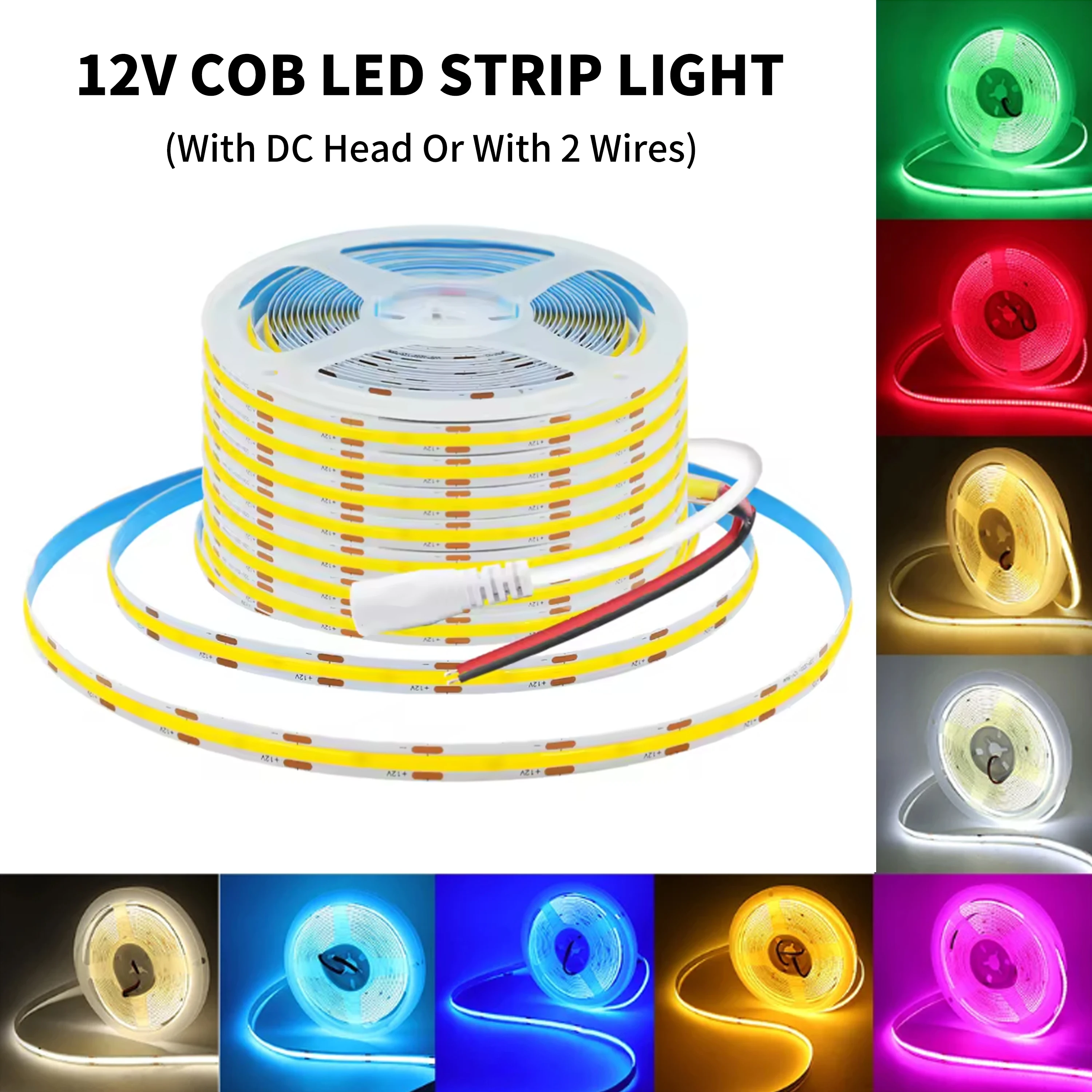 Tira de luces LED COB PCB de 8mm con cabezal de CC 12V 320LEDs/m cinta Flexible de alto brillo blanco Natural cálido rojo verde azul 0,5 m 5m