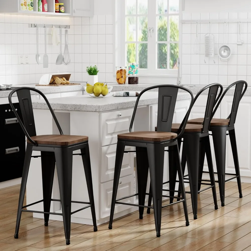 Barstools Set of 4 Counter Height Bar Stools for Kitchen Island Farmhouse Metal High Back Bar Chairs Wooden Seat 24" Matte Black