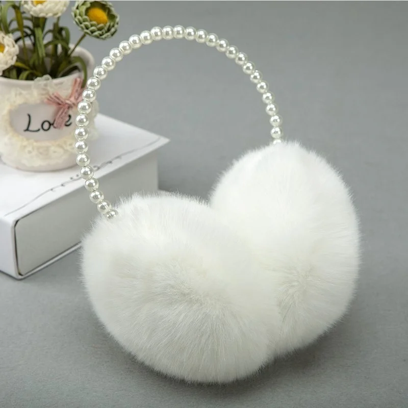 หญิงสาวฤดูหนาว Fluffy Plush Earmuffs เลียนแบบเพิร์ลลูกปัดแถบคาดศีรษะ Thicken หูอุ่นเจ้าหญิงเด็กจัดแต่งทรงผม Headwear