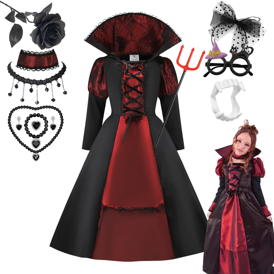 Girls Halloween Costume Vampire Dress Up Child Vampiress False Teeth Role Play Carnival Party  Baby Bat Spider Cosplay Outfits
