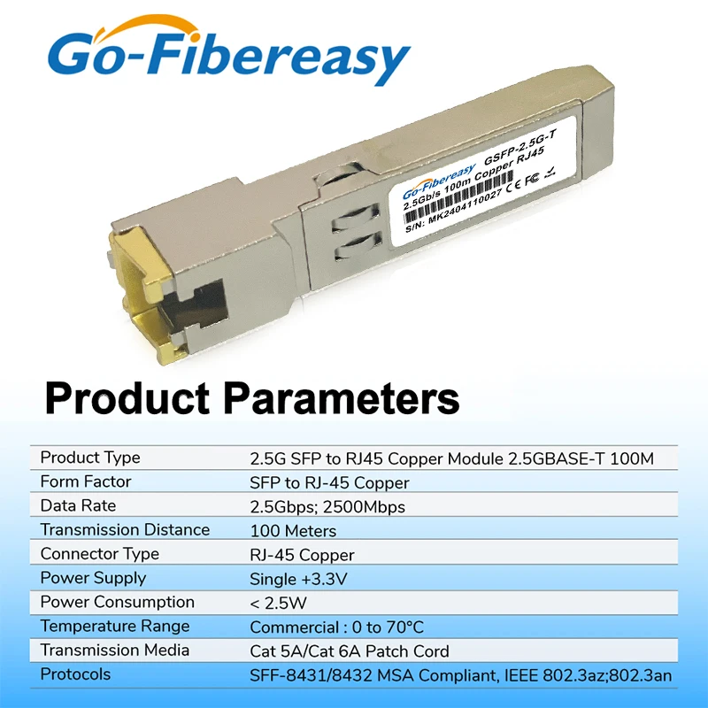2.5G SFP to RJ45 Copper Module 1G/2.5GBase-T 100m RJ45 Connector Compatible For Mikrotik,HORACO,KEEPLiNK 2.5Gb SFP Fiber Switch