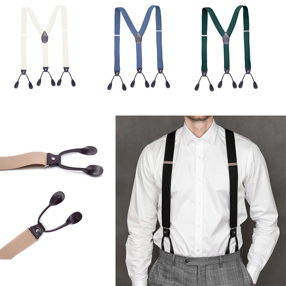 Men Women Adult Vintage Suspenders Leather Trimmed Button End Y Back Adjustable Elastic Trouser Braces Straps Belt