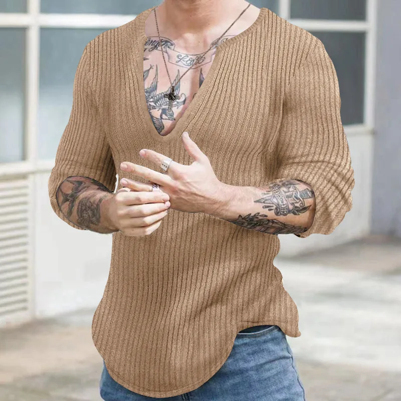 Otoño Invierno, suéteres casuales de moda con cuello en V para hombre, suéteres de punto de manga larga de Color sólido que combinan con todo, jerséis para caballero, Top