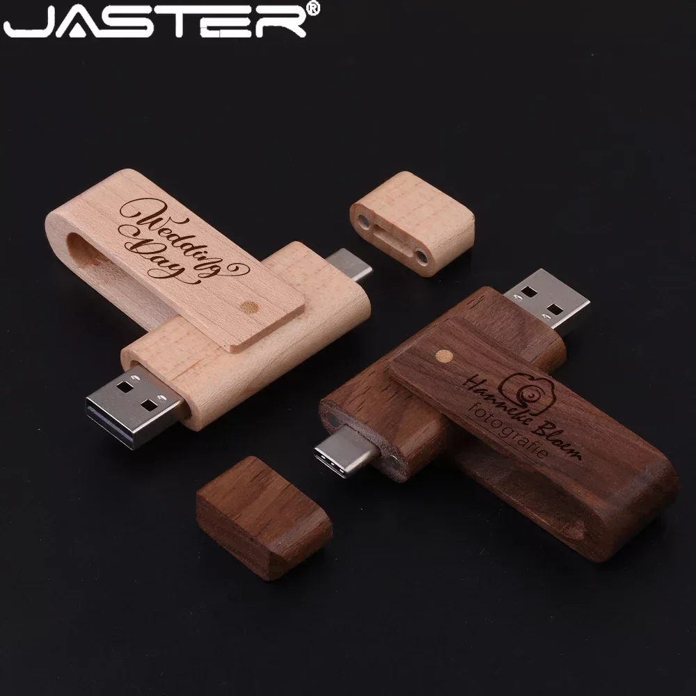Вращающиеся деревянные USB-флешки JASTER, 128 ГБ, 2 в 1, флэш-накопитель TYPE-C, 64 ГБ, бесплатная карта с логотипом, 32 ГБ, креативный подарок