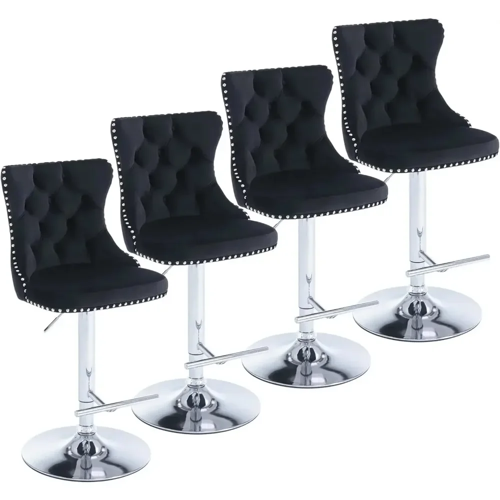 Bar Stools Set of 4 Adjustable Counter Height Barstools with High Back Button Tufted and Nailheads Trim Velvet Upholstered