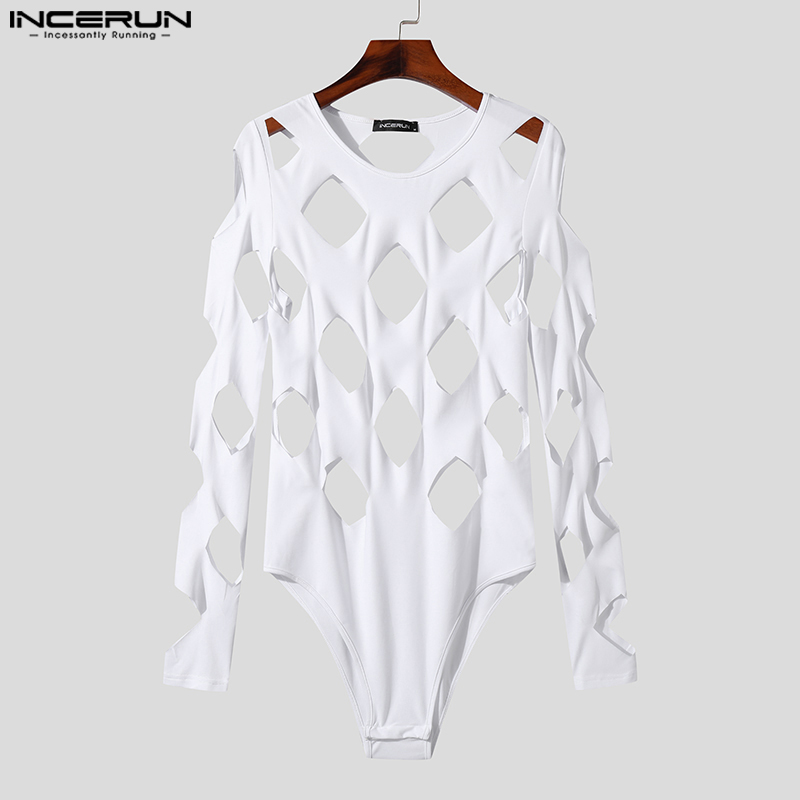 INCERUN Männer Bodys Einfarbig Aushöhlen Sexy Oansatz Langarm Männer T Shirts Strampler Streetwear 2024 Mode Body S-3XL