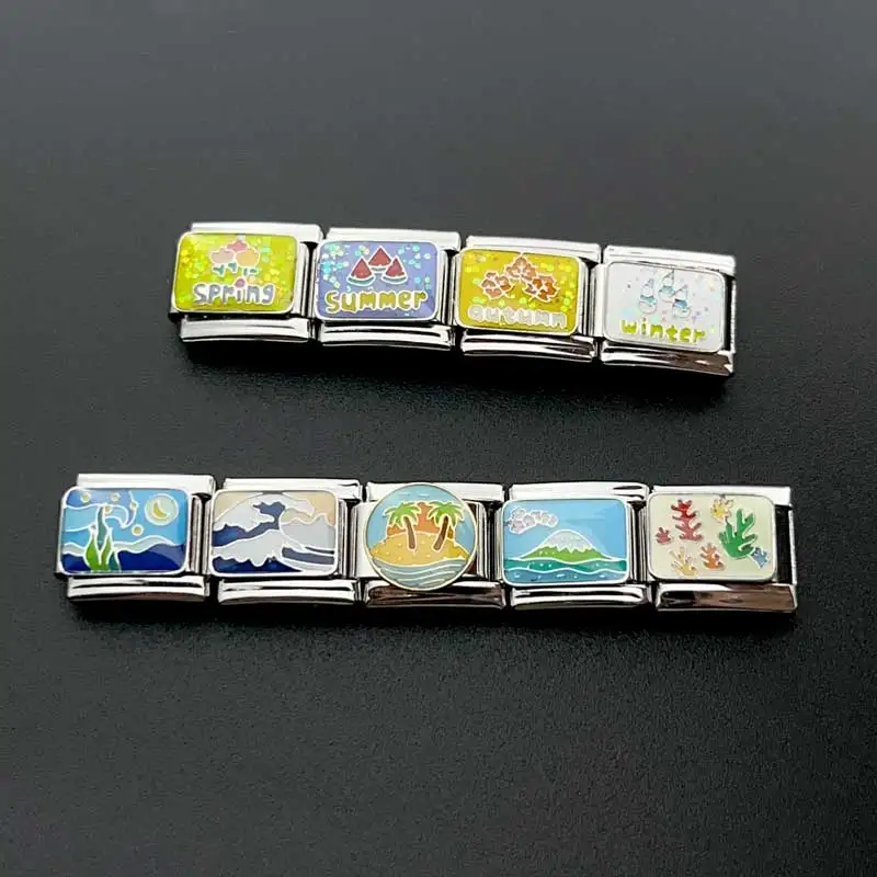 ステンレス鋼のブレスレットチャーム,9mmモジュール,DIY,スプライス,キュートでフレッシュ,惑星の風景,山のジュエリー作りチェーン