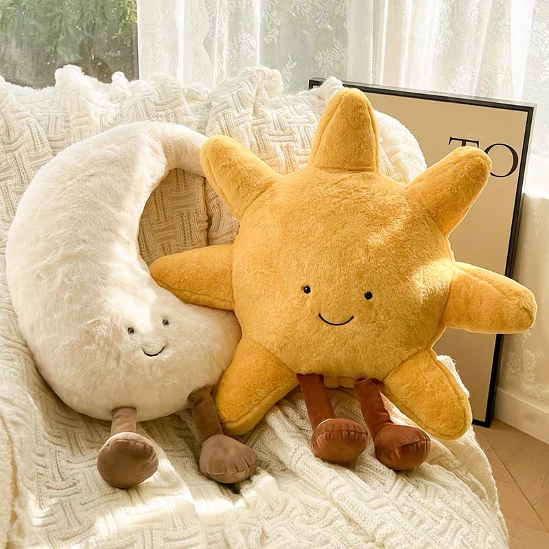 Alta qualidade sorriso rosto lua amarelo sol plushie almofada recheado bonito tempo brinquedo de pelúcia para o quarto do miúdo decoração sofá lance travesseiro