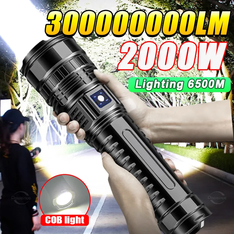 Linterna LED ultrapotente mejorada de 2000W tipo C recargable 15000mah linterna de largo alcance 6KM linternas tácticas caza
