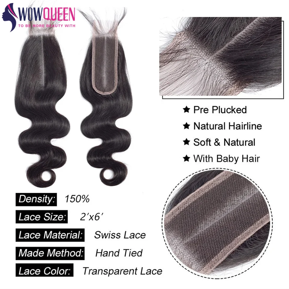 Pacotes brasileiros da onda do corpo com fechamento, cabelo humano natural, fechamento do laço, 3 Pacotes, 4 Pacotes, 2x6, 4x6