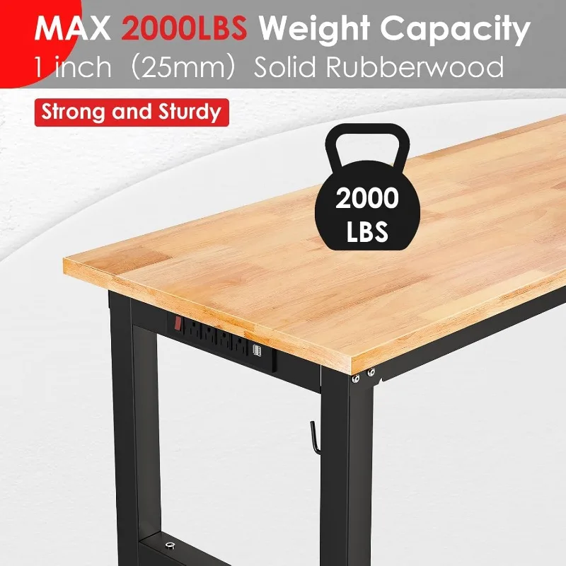 TLGREEN 48" Adjustable Work Bench with Power Outlet, Rubber Wood Top Work Table, Heavy Duty Work Bench, 2000 LBS Capacity, Workb