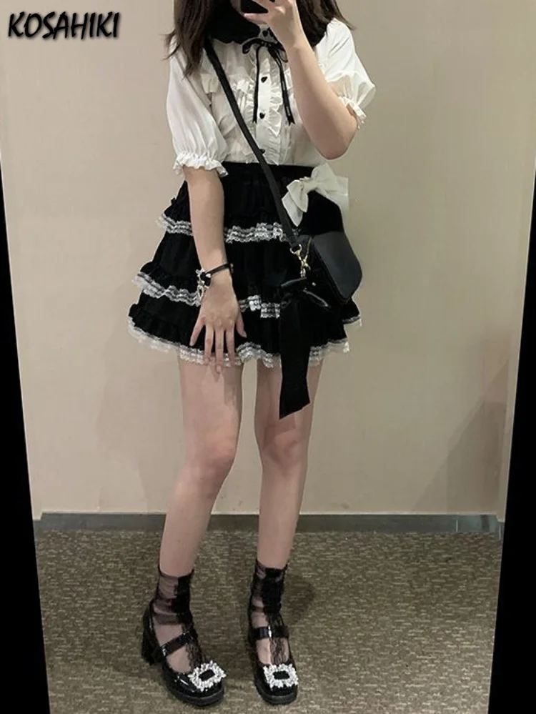 Japanse Kawaii Mini Cake Rok Womens Zwart Casual Elegant Lolita Sexy Hoge Taille Kant Y2k Esthetische Zoete Gothic Faldas