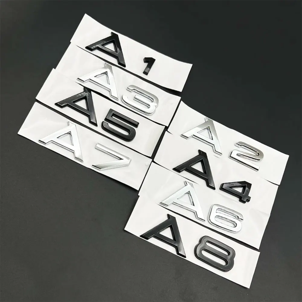 Emblema de números y letras para maletero de coche, ABS 3D, cromado, negro brillante, para A1, A3, A4, A5, A6, A7, A8, tapa de maletero de coche, placa con nombre, pegatina